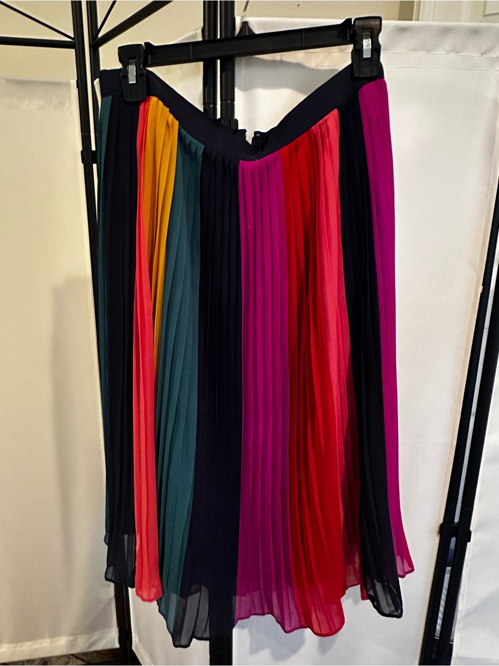 J. Crew silk Pleated Multi-Panel Midi Skirt in Fuchsia, Red, Teal, Navy
